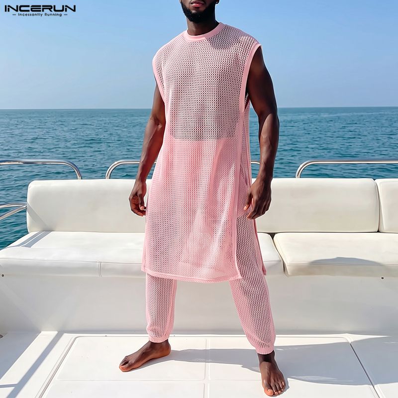 Mens Fashion Streetwear - INCERUN Set Pria Bahan Mesh Transparan