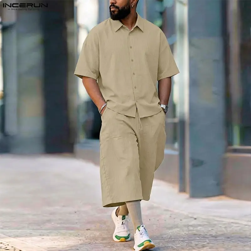 Mens Fashion Streetwear - INCERUN Set Pria Celana Kemeja Lengan